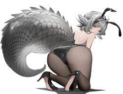 Rule 34 | 1girl, absurdres, ahoge, animal ears, arknights, ass, back, black footwear, black leotard, black pantyhose, bright pupils, brown eyes, commentary, crocodilian tail, fake animal ears, from behind, grey hair, high heels, highres, kneeling, legs, leotard, looking at viewer, looking back, pantyhose, pointy ears, rabbit ears, shoes, simple background, solo, tail, tomimi (arknights), wawamachi (wawamachis), white background, white pupils