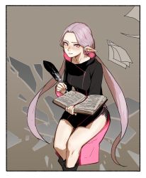 Rule 34 | 1girl, blush, book, boots, border, closed mouth, earrings, feet out of frame, fingernails, gogalking, highres, holding, jewelry, long hair, looking at viewer, low twintails, nail polish, open book, original, pink nails, pointy ears, purple eyes, purple hair, quill, sitting, solo, twintails, very long hair, white border, writing