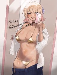 Rule 34 | 1girl, bikini, black choker, blonde hair, blue eyes, blue skirt, blush, breasts, cellphone, choker, cleavage, dark-skinned female, dark skin, funyo (masa), gold bikini, gradient hair, groin, gyaru, highres, holding, holding phone, large breasts, looking at mirror, mirror, multicolored hair, navel, open clothes, open mouth, open shirt, original, phone, pleated skirt, reflection, shirt, short hair, skirt, smartphone, smile, solo, swimsuit, tongue, tongue out, undressing, white shirt