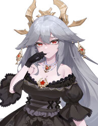 Rule 34 | 1girl, absurdres, alternate eye color, alternate hair color, animal ears, armpit crease, bare shoulders, black gloves, breasts, brooch, cleavage, closed mouth, collarbone, cowboy shot, cropped, dot nose, dress, floppy ears, fox ears, frilled dress, frilled sleeves, frills, genshin impact, gloves, grey hair, hair between eyes, hair ornament, hand on own cheek, hand on own face, heiyizhushenxia, highres, jewelry, large breasts, long hair, looking at viewer, necklace, off-shoulder dress, off shoulder, pearl necklace, puffy short sleeves, puffy sleeves, red eyes, short sleeves, sidelocks, simple background, solo, white background, yae miko