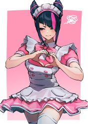 Rule 34 | 1girl, absurdres, alternate costume, angry, ap cammy, apron, black hair, blush, breasts, disgust, feet out of frame, han juri, heart, heart hands, heterochromia, highres, large breasts, maid, maid apron, nails, pink background, skirt, spiked hair, street fighter, thighhighs, white thighhighs
