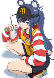 Rule 34 | animal ears, apron, arm up, bear ears, black skirt, blue eyes, blue hair, blue nails, chachironi3, cup, drinking straw, employee uniform, facepaint, fast food uniform, finger on nose, fujikura uruka, highres, holding, holding cup, mcdonald&#039;s, name tag, phase connect, shoes, skirt, sneakers, squatting, striped clothes, striped sweater, sweater, uniform, virtual youtuber, yellow apron