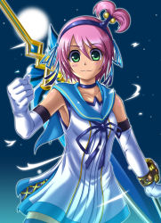 Rule 34 | 1girl, black neckwear, blue sailor collar, choker, clenched hand, gloves, green eyes, hairband, kanonno earhart, one side up, pink hair, sailor collar, short hair, side ponytail, skirt, smile, solo, sword, tales of (series), tales of the world radiant mythology 2, tanbe, weapon, white gloves