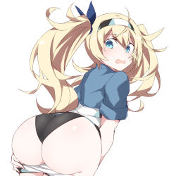 Rule 34 | 1girl, ass, black panties, blonde hair, blue eyes, blue shirt, clothes pull, commission, cowboy shot, gambier bay (kancolle), hair between eyes, kantai collection, long hair, open mouth, panties, shigino sohuzi, shirt, short sleeves, shorts, shorts pull, simple background, skeb commission, solo, twintails, underwear, white background, white shorts
