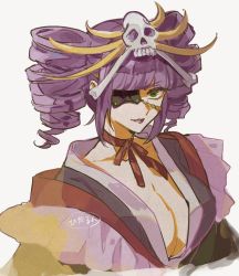 Rule 34 | 1girl, bleach, breasts, cleavage, eyepatch, green eyes, japanese clothes, katen kyoukotsu, large breasts, purple hair, solo