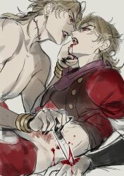 Rule 34 | 2boys, black nails, bleeding, blonde hair, blood, blood from mouth, blood on face, blood on hands, bloody knife, bloody weapon, brace, bustersiri, dio brando, ear birthmark, eye contact, face-to-face, fangs, fangs out, finger in another&#039;s mouth, fingernails, highres, holding, holding knife, injury, jojo no kimyou na bouken, knife, long fingernails, long hair, looking at another, male focus, multiple boys, muscular, open mouth, phantom blood, red eyes, red shirt, scar, scar on neck, selfcest, shirt, simple background, stab, stardust crusaders, stitched neck, stitches, topless male, vampire, weapon, white background, yaoi