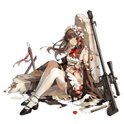 1girl anti-materiel_rifle apron artist_request bird black_footwear black_sleeves bolt-action_rifle breasts brown_hair bullpup closed_mouth detached_sleeves falcon falcon_(girls&#039;_frontline) falcon_(tailfeather_maiden)_(girls&#039;_frontline) floral_print food-themed_hair_ornament frills full_body girls&#039;_frontline gun hair_ornament highres long_hair looking_at_viewer maid maid_apron maid_headdress official_alternate_costume official_art one_eye_closed pantyhose red_eyes rifle shoes sign simple_background sitting skirt sniper_rifle solo standing strawberry_hair_ornament third-party_source torn_clothes towel transparent_background wa_maid warning_sign weapon wet_floor_sign white_apron white_pantyhose wide_sleeves zvi_falcon