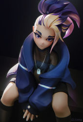 Rule 34 | 1girl, akali, baggy clothes, black eyeshadow, blonde hair, blue eyes, commentary, dog tags, english commentary, eyeshadow, fishnet top, fishnets, forehead, hair pulled back, jacket, k/da (league of legends), kneehighs, league of legends, looking at viewer, makeup, multicolored hair, open clothes, open jacket, pink hair, ponytail, purple hair, shorts, sidelighting, sitting, sleeves past wrists, socks, solo, the baddest akali, thick eyebrows, zaphk