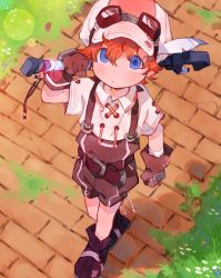 Rule 34 | 1boy, belt, blue eyes, boots, brick road, cabbie hat, child, collared shirt, day, from above, gloves, goggles, goggles on headwear, grass, hat, hat feather, highres, holding, holding wrench, lens flare, looking at viewer, male focus, nemui (nemuriyagi), original, outdoors, overalls, red hair, shirt, short hair, solo, walking, wrench