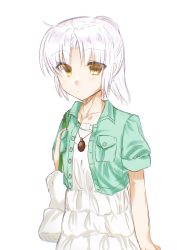 Rule 34 | 1girl, absurdres, alternate costume, alternate hair length, alternate hairstyle, angel beats!, bag, bare arms, carrying, carrying over shoulder, closed mouth, collarbone, commentary request, dress, eyes visible through hair, frilled skirt, frills, from side, green jacket, highres, holding, holding bag, jacket, jewelry, key (company), long hair, looking at viewer, looking to the side, necklace, ponytail, short sleeves, silver hair, simple background, skirt, solo, standing, tenshi (angel beats!), upper body, white background, white bag, white dress, yellow eyes, zuzuhashi
