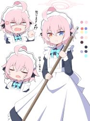 Rule 34 | 1girl, puff of air, absurdres, ahoge, alternate costume, anger vein, angry, apron, black dress, black ribbon, blank eyes, blue archive, blue bow, blue bowtie, blue eyes, bow, bowtie, clenched hand, closed eyes, closed mouth, collared dress, color guide, commentary request, cropped shoulders, crossed bangs, dress, enmaided, fang, frown, hair between eyes, hair ornament, hair ribbon, hand up, heterochromia, highres, holding, hoshino (blue archive), hoshino (young) (blue archive), juliet sleeves, long sleeves, looking at viewer, maid, maid apron, master m 489, multiple views, open mouth, pink hair, puffy sleeves, raised eyebrows, ribbon, shaded face, short hair, sidelocks, simple background, solo, split mouth, sweatdrop, translation request, upper body, v-shaped eyebrows, white apron, white background, wing collar, yellow eyes