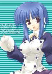 Rule 34 | 00s, 1girl, blue hair, buttons, green background, holding, ilfa (to heart), long sleeves, looking at viewer, lowres, puffy long sleeves, puffy sleeves, red eyes, robot ears, short hair, sidelocks, simple background, solo, striped, striped background, teapot, to heart (series), to heart 2