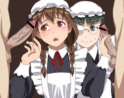 Rule 34 | 10s, 2boys, 2girls, apron, blush, braid, brown eyes, brown hair, censored, clothed female nude male, d:, enterbrain, erection, facejob, glasses, green hair, handjob, hat, maid, maid-chou (maoyuu), maid ane (maoyuu), maid apron, maid cap, maoyuu maou yuusha, mob cap, multiple boys, multiple girls, multiple penises, nude, opaque glasses, open mouth, penis, penis awe, penis on face, penis on head, puge, simple background, smile, sweat, teamwork, testicles, twin braids, veins, veiny penis