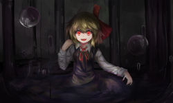 Rule 34 | 1girl, :d, ascot, black dress, blonde hair, cowboy shot, darkness, dress, long sleeves, looking at viewer, neck ribbon, open mouth, partially submerged, psyren2, red eyes, red ribbon, ribbon, rumia, short hair, smile, solo, touhou