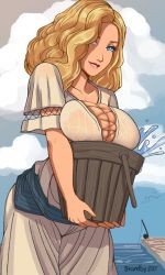 Rule 34 | 1girl, blonde hair, blue eyes, breast rest, breasts, bucket, carrying, cleavage, dragon&#039;s dogma, dragon&#039;s dogma (series), dress, lace-up top, large breasts, lipstick, madeleine (dragon&#039;s dogma), makeup, no bra, see-through, skindentation, smile, solo, standby, wavy hair, wet, wet clothes, wet dress