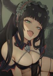 Rule 34 | 1girl, bare shoulders, bikini, black bikini, black collar, black hair, breasts, chain, cleavage, collar, demon girl, demon horns, detached collar, fangs, granblue fantasy, green eyes, horns, large breasts, long hair, looking at viewer, magus (granblue fantasy), navel, solo, swimsuit, tomamatto, tongue, tongue out, upper body
