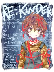 Rule 34 | 1boy, blush, blush stickers, brown eyes, brown hair, copyright name, crying, english text, evil grin, evil smile, grin, mizuoka yuuichi, re:kinder, ribbon, shirt, short hair, smile, spoilers, star (symbol), string, string of fate, striped clothes, striped shirt, suspenders, tears, wall of text, yellow eyes