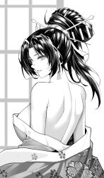 Rule 34 | 1girl, absurdres, bare shoulders, black872233196, breasts, brown eyes, brown hair, cleavage, comb, fatal fury, floral print, flower, hair ornament, hair stick, highres, japanese clothes, kimono, large breasts, layered clothes, layered kimono, lipstick, long hair, looking at viewer, makeup, monochrome, off shoulder, oiran, revealing clothes, shiranui mai, sideboob, snk, solo, the king of fighters, undressing
