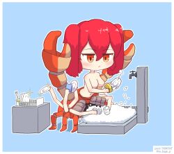Rule 34 | 1girl, arthropod girl, chibi, crab girl, soapy (mon-musu quest!), dishes, dishwashing, extra arms, highres, mon-musu quest!, monster girl, no nipples, nude, red eyes, solo, to kage p, twintails, washing