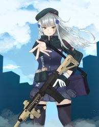 Rule 34 | 1girl, absurdres, assault rifle, bag, beret, black thighhighs, blue skirt, checkered clothes, checkered skirt, closed mouth, cloud, cloudy sky, from below, girls&#039; frontline, green eyes, gun, h&amp;k hk416, hand grab, hat, highres, hk416 (girls&#039; frontline), holding, holding bag, holding weapon, holster, jacket, long hair, rifle, silver hair, simple background, skirt, sky, solo, standing, taishi karibe, thighhighs, uniform, weapon