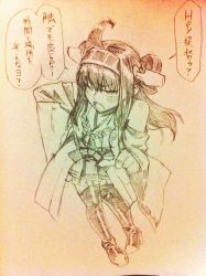 Rule 34 | 10s, 1girl, ahoge, blush, boots, detached sleeves, double bun, hair ornament, hairband, hand on own hip, headgear, high heels, japanese clothes, kanemaki thomas, kantai collection, kongou (kancolle), long hair, monochrome, nontraditional miko, personification, pigeon-toed, pleated skirt, pointing, pointing at viewer, scan, shoes, sketch, skirt, solo, speech bubble, thigh boots, thighhighs, traditional media, translation request, wide sleeves