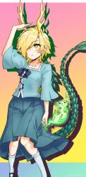 Rule 34 | 1girl, black footwear, blonde hair, blue shirt, carbohydrate (asta4282), commentary request, dragon horns, dragon tail, earrings, green skirt, hair over one eye, highres, horns, jewelry, kicchou yachie, multicolored background, otter spirit (touhou), shirt, short hair, skirt, socks, spiked shell, tail, touhou, white socks, yellow eyes