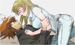 Rule 34 | 1boy, 1girl, 203wolves, arm grab, black eyes, black shirt, blonde hair, blue eyes, blue pants, blue shirt, blush, brown hair, embarrassed, eye contact, girl on top, grey background, hand on another&#039;s hip, highres, holding, long hair, long sleeves, looking at another, lying, multicolored hair, on back, open mouth, pants, shirt, signature, simple background, sleeveless, sleeveless shirt, sweatdrop, tenjouin asuka, twitter username, two-tone hair, yu-gi-oh!, yu-gi-oh! gx, yuuki juudai