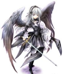 Rule 34 | 00s, angel, angel wings, bow, cross, headband, rozen maiden, silver hair, suigintou, sword, weapon, wings