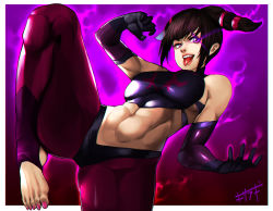 Rule 34 | 1girl, absurdres, barefoot, chromatic aberration, energy, feet, glowing, glowing eye, han juri, highres, kisaragi tsurugi, long hair, looking at viewer, open mouth, purple eyes, road, street fighter, toes, tongue, tongue out