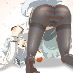 Rule 34 | 1girl, albino, all fours, animal ears, ass, bent over, brown pantyhose, detached sleeves, gradient background, hat, highres, inubashiri momiji, long sleeves, one eye closed, open mouth, panties, panties under pantyhose, pantyhose, petals, red eyes, shirt, short hair, skirt, solo, striped clothes, striped panties, tail, tears, tokin hat, touhou, umo, underwear, upside-down, white hair, wide sleeves, wolf ears, wolf tail