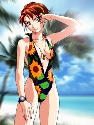 Rule 34 | 1990s (style), 1girl, arm up, beach, casual one-piece swimsuit, center opening, cowboy shot, day, feet out of frame, floral print, hairband, halterneck, highres, jewelry, lens flare, light smile, looking at viewer, nail polish, necklace, official art, one-piece swimsuit, outdoors, photo background, photoshop (medium), pink nails, red eyes, red hair, retro artstyle, short hair, solo, swimsuit, takiguchi shouko, watch, wristwatch, yamada masaki, zenkoku seifuku bishoujo grand prix