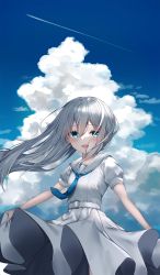 Rule 34 | 1girl, :d, absurdres, blue eyes, blue necktie, blue sky, blush, breasts, cloud, commentary, contrail, cumulonimbus cloud, day, dress, english commentary, floating hair, grey hair, hair between eyes, highres, long hair, looking at viewer, necktie, neku (neku draw), open mouth, original, outdoors, pleated dress, puffy short sleeves, puffy sleeves, sailor collar, sailor dress, short sleeves, sky, small breasts, smile, solo, very long hair, white dress, white sailor collar