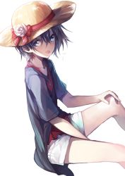 Rule 34 | 1girl, :p, black hair, blue eyes, earrings, en@rain, flower, hat, hat flower, hat ribbon, highres, jewelry, looking at viewer, necklace, original, ribbon, short hair, short shorts, shorts, solo, straw hat, tongue, tongue out, white background