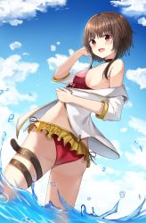 Rule 34 | 1girl, :d, absurdres, alternate costume, ass, bad id, bad pixiv id, bare shoulders, bikini, black choker, blue sky, blunt bangs, blush, breasts, brown hair, choker, day, frilled bikini, frills, from below, hand in own hair, hand up, highres, jacket, kono subarashii sekai ni shukufuku wo!, long sleeves, looking at viewer, megumin, ocean, off shoulder, open clothes, open jacket, open mouth, outdoors, red bikini, red eyes, short hair with long locks, sidelocks, sky, small breasts, smile, solo, swimsuit, thigh strap, wading, water, water drop, white jacket, zeroillya