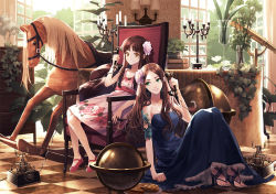 Rule 34 | 2girls, antique phone, bad id, bad pixiv id, blue dress, book, book stack, brown eyes, brown hair, candle, candlestand, chair, checkered floor, corded phone, drawer, dress, floor, flower, food, globe, green eyes, grin, hair flower, hair ornament, high heels, holding, indoors, lamp, leaf, long hair, looking at another, multiple girls, nail polish, open shoes, original, parted lips, phone, pie, rocking horse, rotary phone, shoes, sitting, smile, talking on phone, telescope, toichi (ik07), vase, waffle, window