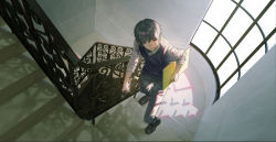 Rule 34 | 1boy, black footwear, black hair, black vest, brown pants, canvas (object), commentary, from above, full body, highres, holding, holding paintbrush, indoors, ishida (segu ishida), pants, long sleeves, looking at viewer, looking up, male focus, original, paintbrush, pants, railing, red eyes, shirt, short hair, sleeves rolled up, spiral staircase, stairs, symbol-only commentary, vest, white shirt, window