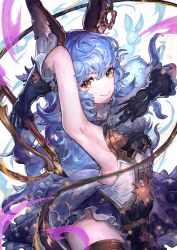 Rule 34 | 1girl, animal ears, arm up, armpits, backless outfit, bare back, black gloves, blue hair, breasts, brown eyes, closed mouth, earrings, erune, ferry (granblue fantasy), gloves, granblue fantasy, hair between eyes, highres, holding, holding whip, jewelry, lips, looking at viewer, nijimaarc, rabbit ears, sideboob, sideless outfit, single earring, small breasts, solo, thighhighs, upper body, wavy hair, whip
