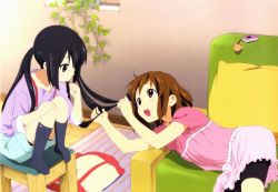 Rule 34 | 2girls, bag, bike shorts, black hair, black legwear, brown eyes, brown hair, cellphone, cellphone charm, cellphone strap, chair, charm (object), couch, dress, feet, highres, hirasawa yui, k-on!, long hair, lying, makita masaya, multiple girls, nakano azusa, no shoes, object in mouth, official art, on side, open mouth, phone, pillow, red eyes, round teeth, ruffling hair, shorts, sitting, socks, suspenders, teeth, twintails