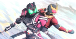 Rule 34 | 2boys, armor, asumakobayashi, back-to-back, barcode, body armor, card, clenched hand, compound eyes, decadriver, driver (kamen rider), gloves, glowing, glowing eyes, green eyes, helmet, henshin pose, highres, holding, holding weapon, kamen rider, kamen rider dcd, kamen rider decade, kamen rider kuuga, kamen rider kuuga (series), kuuga (mighty), legs apart, male focus, mask, multiple boys, pink armor, red eyes, ride booker, rider belt, solo, space, sword, tokusatsu, weapon