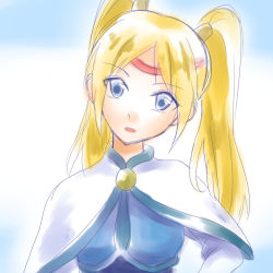 Rule 34 | 1girl, blonde hair, blue eyes, breasts, capelet, dress, fenimore xelhes, hair ornament, headband, long hair, open mouth, tales of (series), tales of legendia, twintails