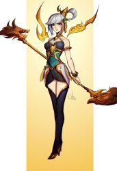 Rule 34 | 1girl, bare shoulders, black thighhighs, blue eyes, bracelet, breasts, cleavage, closed mouth, detached wings, distr, full body, grey hair, hair rings, high heels, highres, holding, holding staff, jewelry, league of legends, looking at viewer, lunar empress lux, lux (league of legends), medium breasts, medium hair, shoes, signature, smile, solo, staff, thighhighs, wings, yellow background