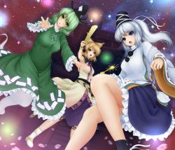 Rule 34 | 3girls, :o, bare legs, black legwear, blue eyes, blush, bracelet, breasts, brown eyes, brown hair, dress, female focus, ghost, ghost tail, green dress, green eyes, green hair, hat, highres, japanese clothes, jewelry, kariginu, long sleeves, miyakouji, mononobe no futo, multiple girls, multiple tails, night, open mouth, outstretched hand, petals, ponytail, ritual baton, shirt, short hair, silver hair, skirt, sky, sleeveless, sleeveless shirt, soga no tojiko, star (sky), starry sky, tail, tate eboshi, temple, touhou, toyosatomimi no miko, wide sleeves