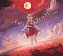 Rule 34 | 1girl, ascot, blonde hair, closed eyes, cloud, cloudy sky, crystal, flandre scarlet, frilled shirt collar, frilled skirt, frilled sleeves, frills, full body, hair between eyes, head tilt, highres, kneehighs, korean commentary, long hair, moon, multicolored wings, no headwear, one side up, outdoors, pigeon-toed, puffy short sleeves, puffy sleeves, red eyes, red footwear, red moon, red skirt, red sky, red vest, shirt, shoes, short sleeves, skirt, skirt set, sky, socks, solo, syc2159, touhou, vest, white shirt, white socks, wings, yellow ascot