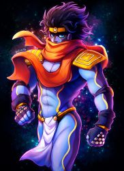 Rule 34 | headband, highres, jojo no kimyou na bouken, lintufriikki, loincloth, md5 mismatch, no humans, pelvic curtain, resized, resolution mismatch, scarf, scarf over mouth, shoulder pads, sky, solo, solo focus, source smaller, stand (jojo), star (sky), star platinum, starry sky, upscaled