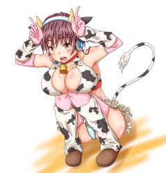 Rule 34 | 10s, 1girl, animal ears, animal print, armpits, bell, blue panties, blush, breast hold, breasts, brown eyes, brown footwear, brown hair, cleavage, collar, collarbone, cow ears, cow horns, cow print, cow tail, elbow gloves, full body, gloves, headset, horns, idolmaster, idolmaster cinderella girls, index finger raised, joker (bake-monogatari), knees up, large breasts, neck bell, oikawa shizuku, open mouth, panties, pantyshot, pink gloves, pink thighhighs, shoes, short hair, sitting, solo, tail, thighhighs, underwear
