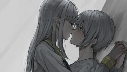 Rule 34 | 1boy, 1girl, akanei6no sora, blunt bangs, blush, face-to-face, french kiss, from side, grey hair, hair between eyes, hetero, highres, holding hands, kiss, long hair, long sleeves, looking at another, neckerchief, original, profile, sailor collar, saliva, saliva trail, school uniform, serafuku, shirt, simple background, sweat, upper body, white shirt