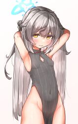 Rule 34 | 1girl, absurdres, adjusting hair, alternate hairstyle, armpits, arms behind head, black dress, blue archive, china dress, chinese clothes, commentary request, dress, gradient hair, grey hair, groin, hair between eyes, hair down, halo, highres, kokona (blue archive), kyaong, long hair, looking at viewer, multicolored hair, no panties, pelvic curtain, side slit, sidelocks, simple background, sleeveless, solo, streaked hair, two-tone hair, white background, yellow eyes
