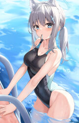 Rule 34 | 1girl, absurdres, animal ear fluff, animal ears, blue archive, blue eyes, breasts, competition swimsuit, covered navel, cross hair ornament, grey hair, hair ornament, hair tie in mouth, halo, highres, leaning forward, looking at viewer, medium breasts, medium hair, mismatched pupils, mouth hold, one-piece swimsuit, pool, pool ladder, shiroko (blue archive), shiroko (swimsuit) (blue archive), shirokuma (zeroillya), side ponytail, solo, swimsuit, thighs, wading, water, wet, wolf ears