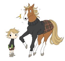 Rule 34 | 1girl, animal, blonde hair, blush stickers, hooves, horse, matching outfits, original, plaid, plaid skirt, semi kon, simple background, skirt, standing, sweater, white background