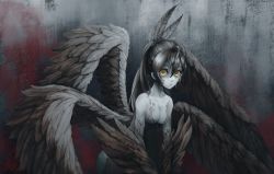Rule 34 | 1girl, ahoge, bird girl, bird wings, blood, blood on wall, breasts, feather hair ornament, feathers, gaecho 123, greyscale, hair ornament, hairclip, harpy, highres, hololive, hololive english, long hair, looking at viewer, medium breasts, monochrome, monster girl, multiple wings, nanashi mumei, official alternate costume, ponytail, sidelocks, very long hair, virtual youtuber, winged arms, wings, yellow eyes